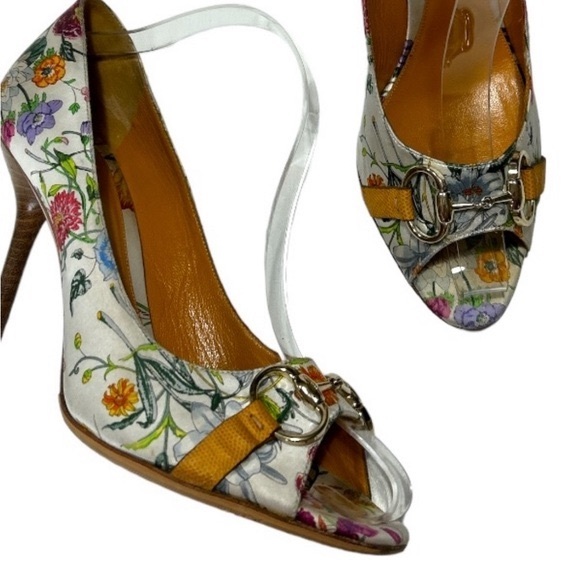 Gucci Satin Horsebit Pumps US 10 White Floral Peep Toe High Heels Buckles - Picture 2 of 12